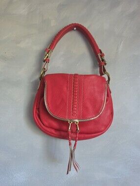 Oryany Whipstitch Flap Satchel Red Gold Braided Handle Shoulder Bag 11x7